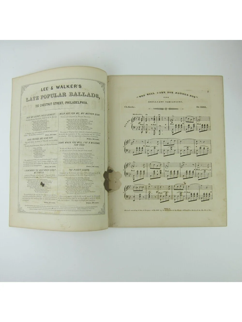 Sheet Music Civil War Tears of Love Charles Grobe Lee & Walker Antique 1863